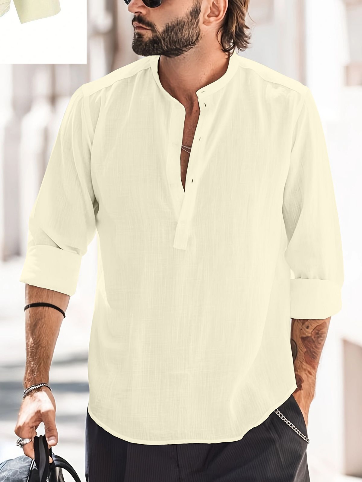 Men's Clothing Casual Stand Up Collar Solid Color Long Sleeved Shirt Bamboo Cotton And Linen Shirt_viptrois.com