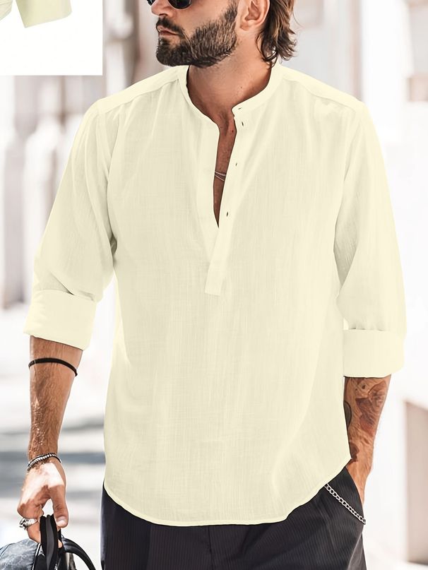 Men's Clothing Casual Stand Up Collar Solid Color Long Sleeved Shirt Bamboo Cotton And Linen Shirt_viptrois.com