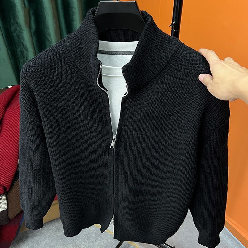 Men's Clothing Casual Cardigan Sweater Retro Loose Vintage Zip-Up Cardigan Sweater - Relaxed Fit Knit Pullover For Casual Wear In Grey & Black_viptrois.com