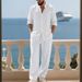 Men's Autumn Linen Long Sleeve Shirt And Pants Set Breathable Simple Henley Top Loose Fit Beachwear for Home_viptrois.com
