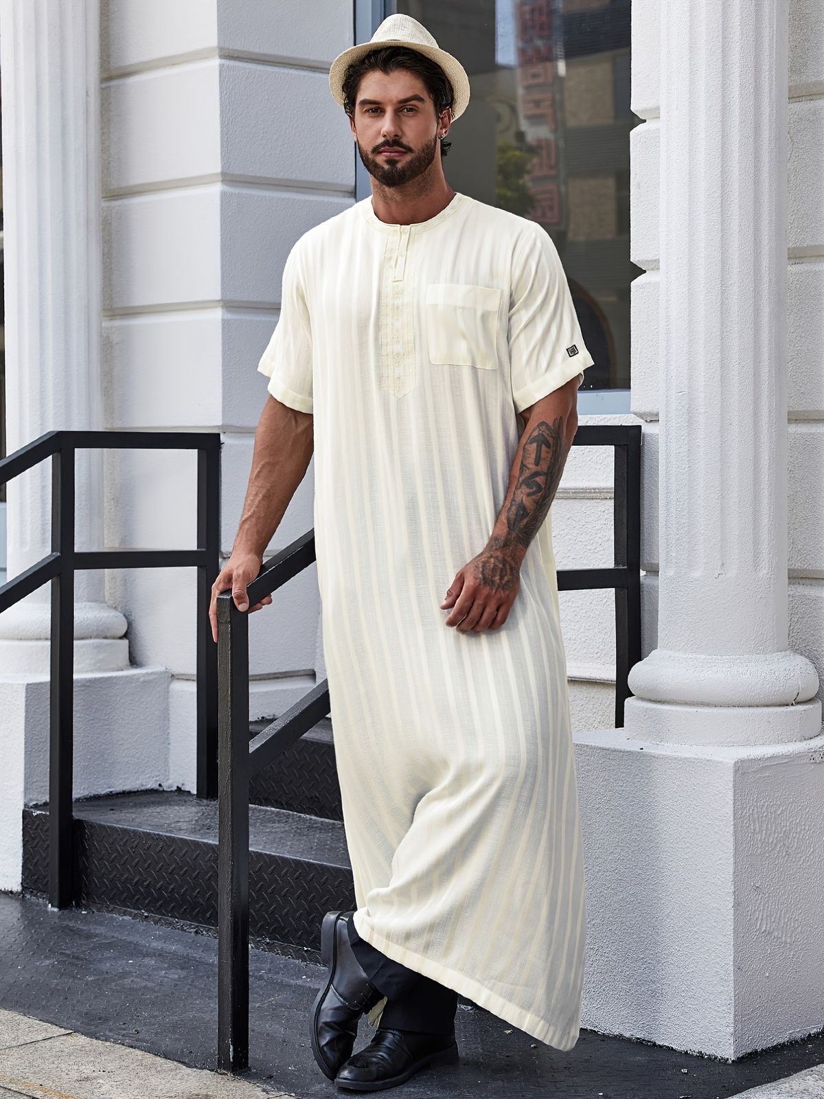 Men's Clothing Turkish Muslim Men's Short Sleeved Solid Color Medium Length Blouse Men_viptrois.com