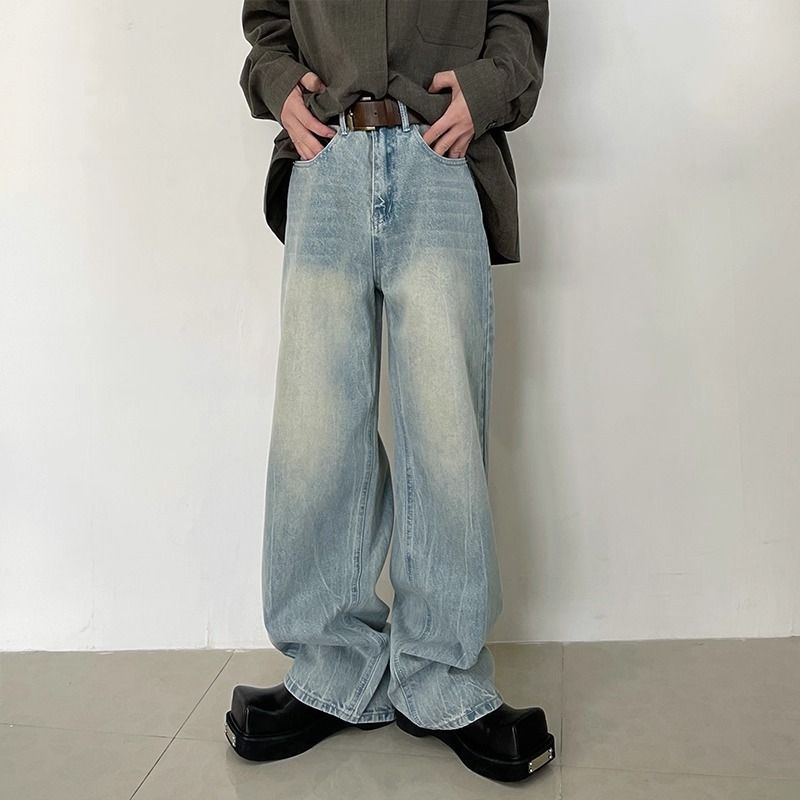Niche Retro Washed Bamboo Stripe Wide Leg Light Color Jeans For Men Versatile Straight Leg Loose Fit_viptrois.com
