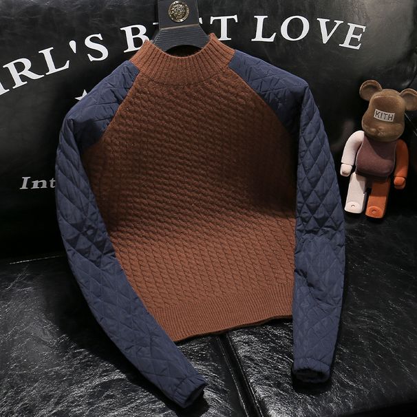 Men's Clothing Winter new style splicing half turtleneck sweater thick warm sweater jacket men's casual trendy sweater men_viptrois.com