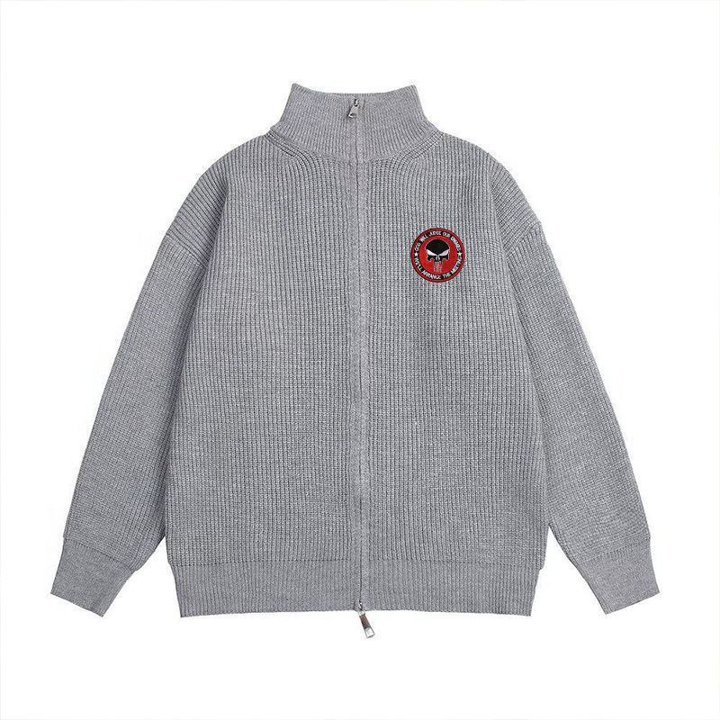 Unisex Vintage Letter Embroidery Sweater – Oversized Knit Cardigan With Dual Zippers & Badge Detail (S-XXL, Black/Grey, Stretch Polyester)_viptrois.com