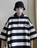 Men’s Heavyweight Stripe Polo Shirt – Short Sleeve, Loose Fit, Embroidered Collar, Streetwear Style (M-2XL, Black/Blue)_viptrois.com