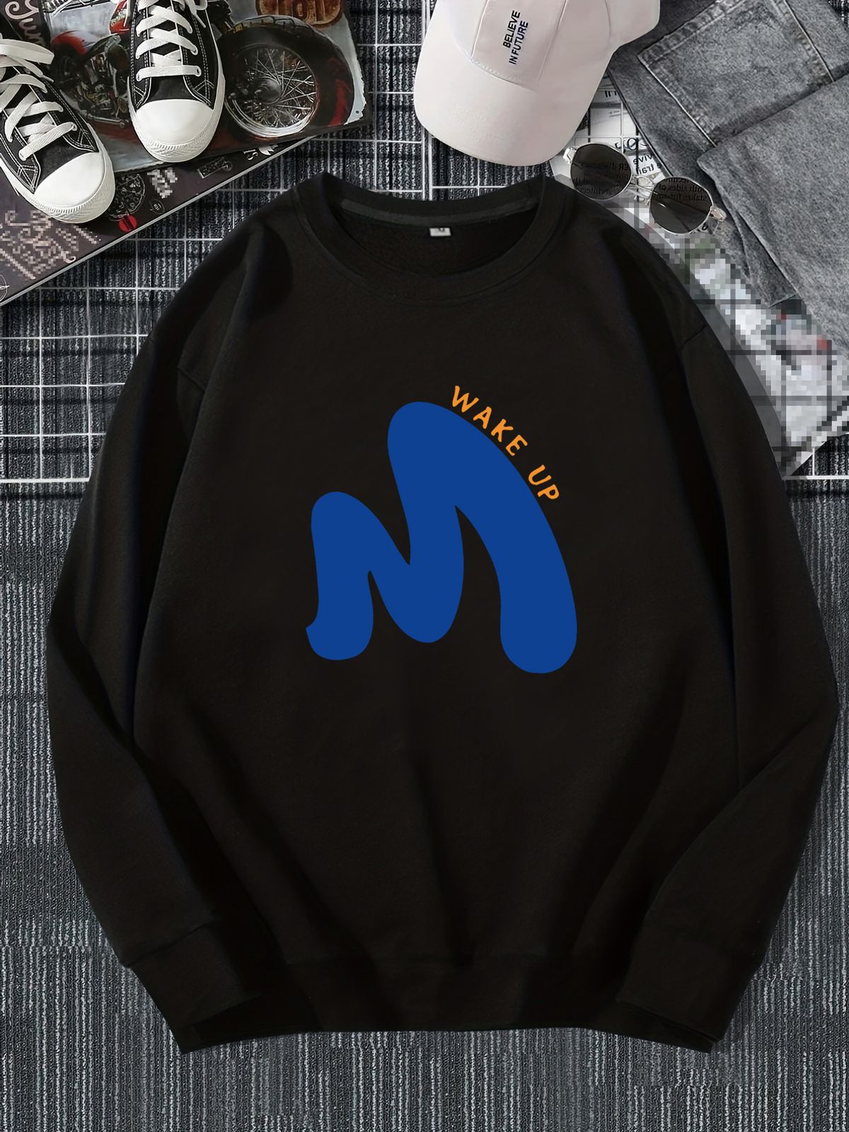 Men's Loose Casual Fashion M WAKE UP Letter Printed Round Neck Long Sleeved Sweatshirt For Autumn And Winter_viptrois.com