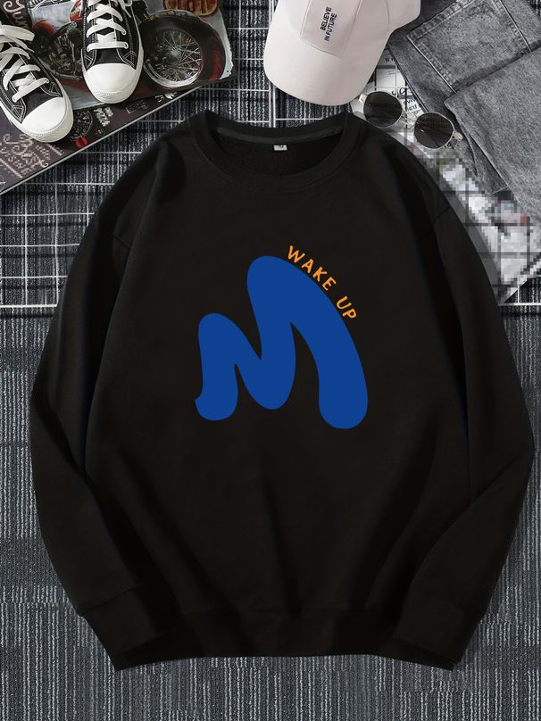 Men's Loose Casual Fashion M WAKE UP Letter Printed Round Neck Long Sleeved Sweatshirt For Autumn And Winter_viptrois.com
