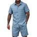 Men's Summer Jacquard Shirt & Shorts Set – Breathable Poly-Cotton Blend, Short-Sleeve Casual Outfit (Turmeric/White/Lake Blue, Sizes M-XXXL_viptrois.com