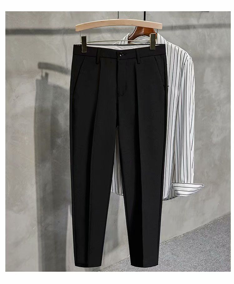 Spring/Summer Tapered Cropped Slim Fit Men's Suit Trousers Flowy Wrinkle Free Business Casual Long Pants_viptrois.com