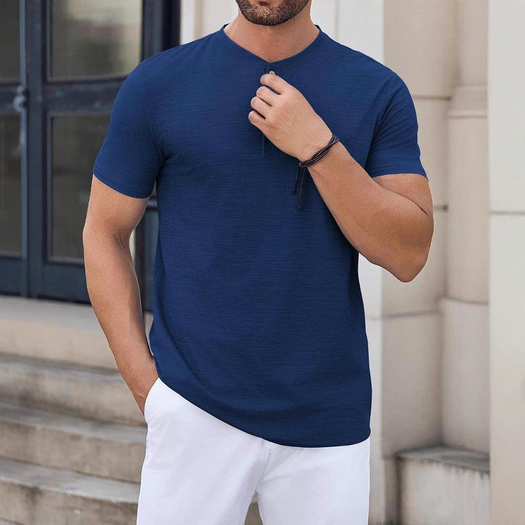 Men's Clothing Men's Henley Shirt Short Sleeved Casual Button Down Shirt Lightweight Summer Solid Color Slim T Shirt_viptrois.com
