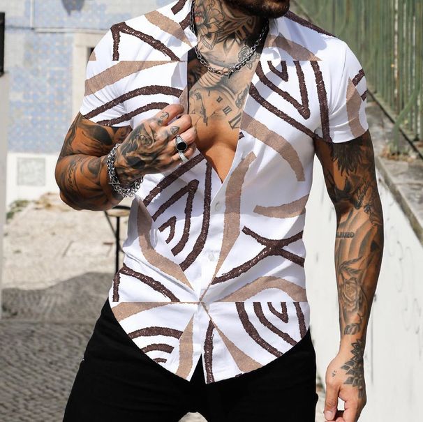 Men's Short Sleeved Surfing Shirt 3D Digital Print Geometric Hawaiian Muscle Top European American Style Cross Border Beach Wear_viptrois.com