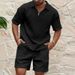 Summer New Men's Casual Fashionable Waffle Knit Solid Color Collared Shirt Trendy Comfortable Tracksuit_viptrois.com
