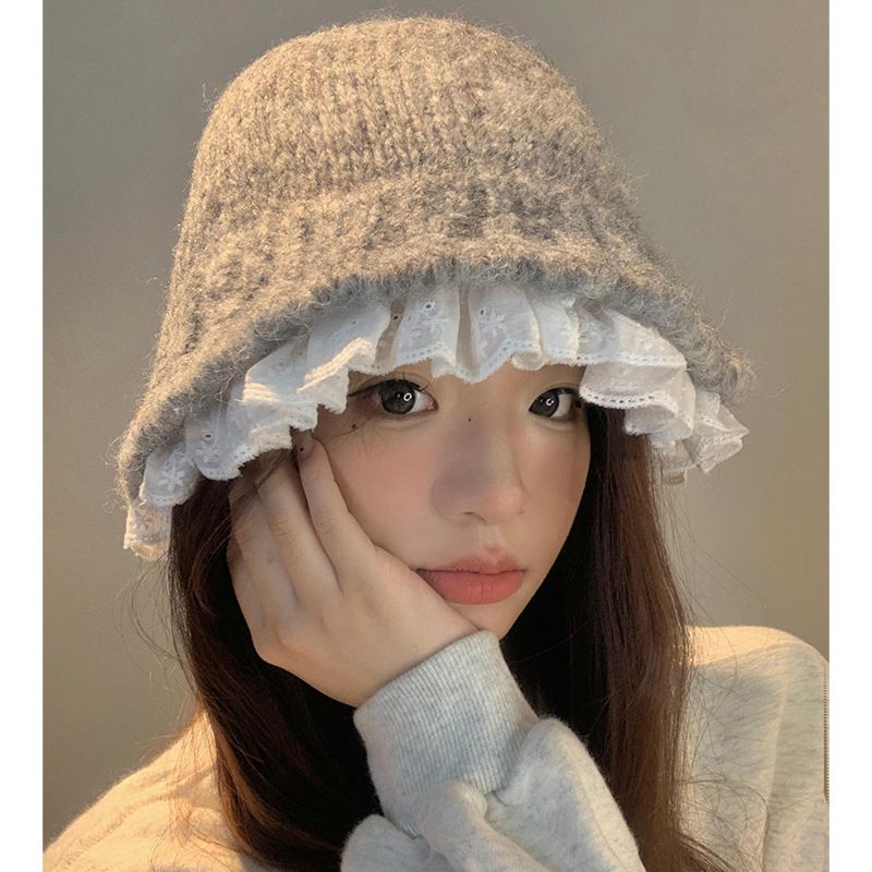 Korean Lazy Style Lace Knitted Fisherman's Women's Autumn/Winter Versatile Warm Pot Show Face Small Woolen Hat_viptrois.com