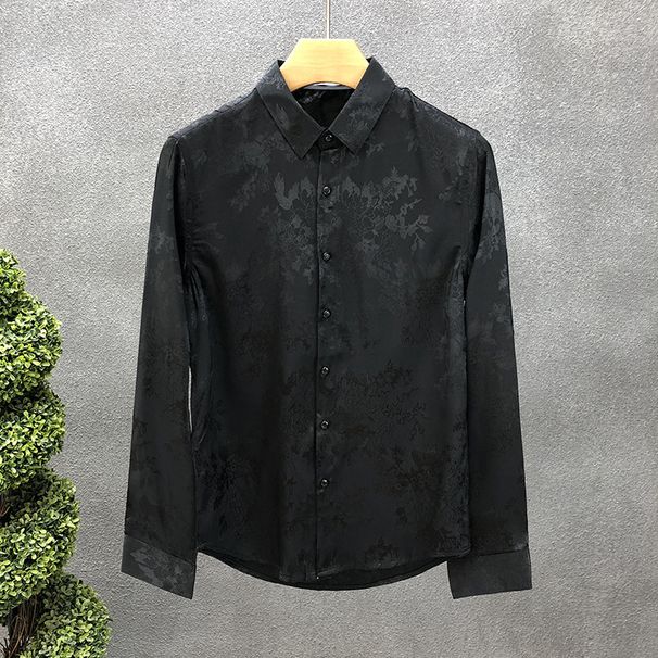 Spring Summer 2027 Fashion Black/White Men Polyester Lapel Dark Floral Pattern Single-Breasted Long Sleeve Casual Shirts S-3XL_viptrois.com