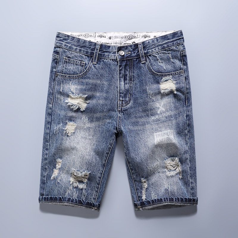 Men's Clothing Worn And Ripped Denim Shorts Youth Comfortable Slim Fit Simple Denim Shorts_viptrois.com