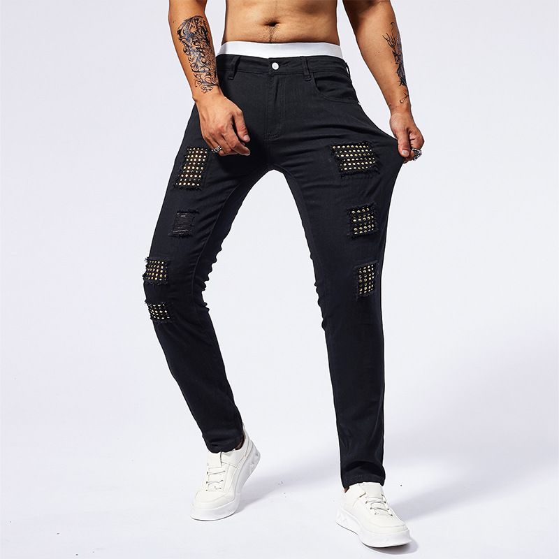Men's Clothing Black Rivet Distressed Jeans Small Straight Slightly Stretch Jeans Foreign Trade Hot Selling Jeans Wholesale Customization_viptrois.com