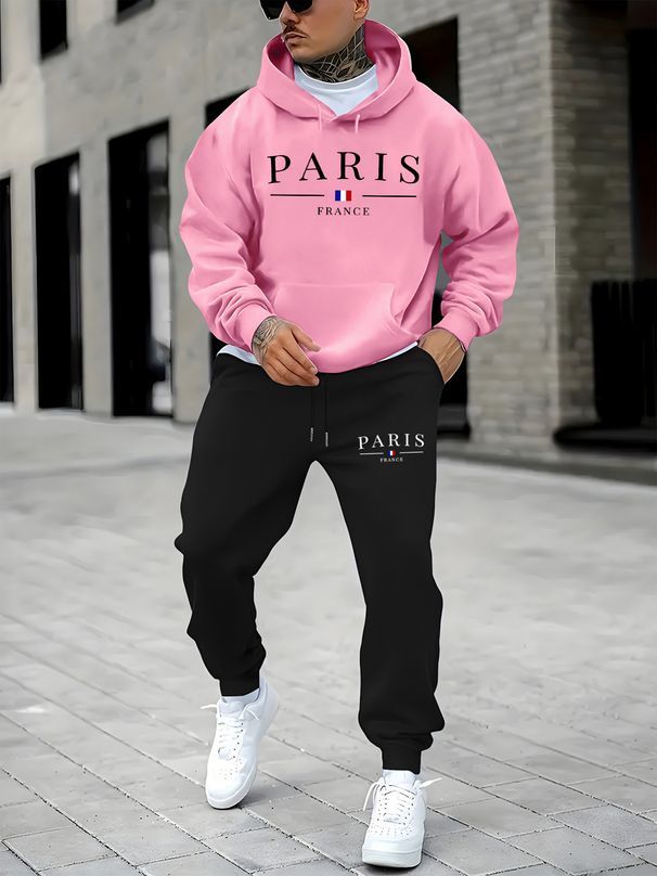 Men's Autumn/Winter Casual Fashion Paris Pattern Printed Loose Suede Thick Hoodie+Sports Pants Set_viptrois.com