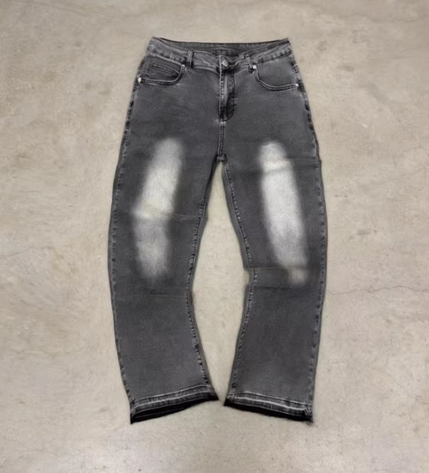 Men's Clothing American Style Washed Light Grey Distressed Solid Color Jeans For Men And Women With Raw Hem Basic Straight Trousers_viptrois.com