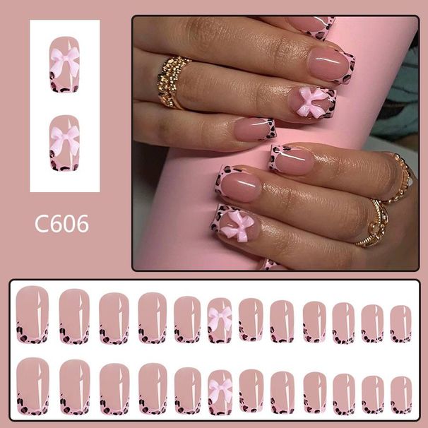 Short Bright Face Europe And The United States Cross-border Foreign Trade Pink Leopard Contrast Color Bow Wearing Armor False Nails Removable 24 Piece_viptrois.com