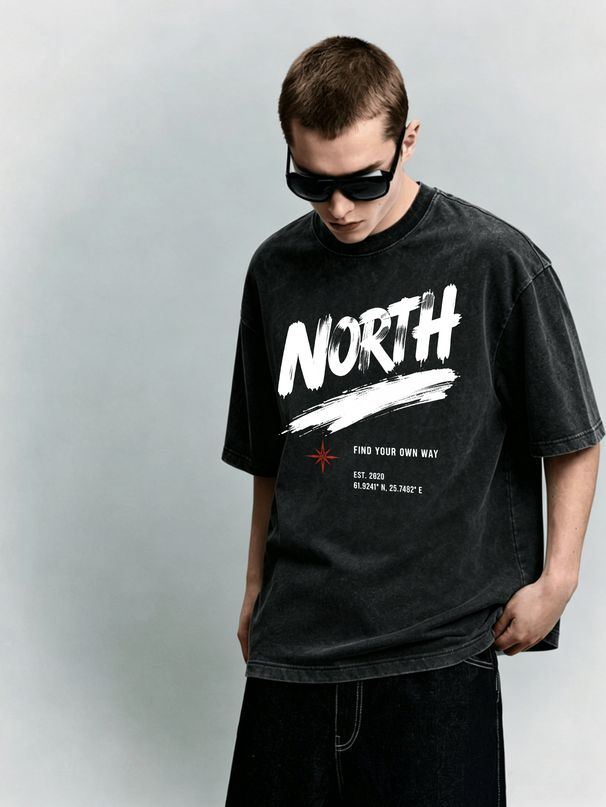 Men's Clothing Light Luxury T Shirt Short Sleeve Brush NORTH Compass Letter Printing Round Neck T-Shirts_viptrois.com