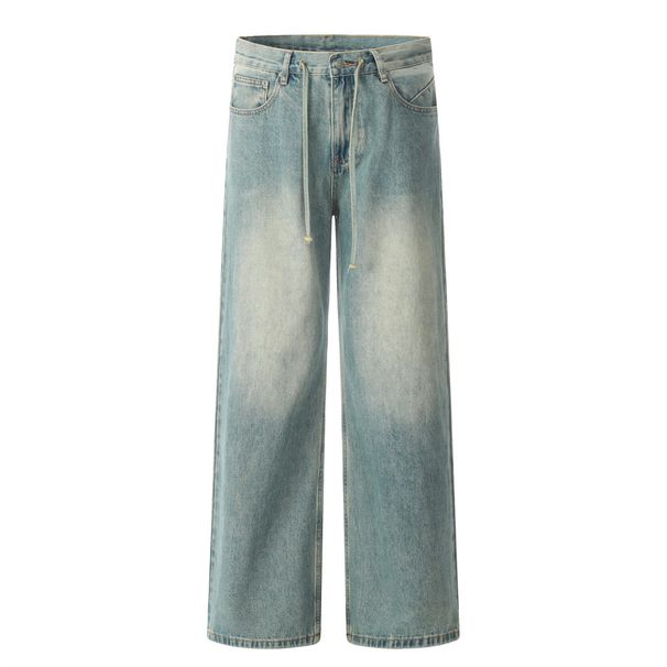 Washed Vintage Wide-Leg Jeans For Men, Street Punk Design, Pocket Personality Loose Straight Pants_viptrois.com