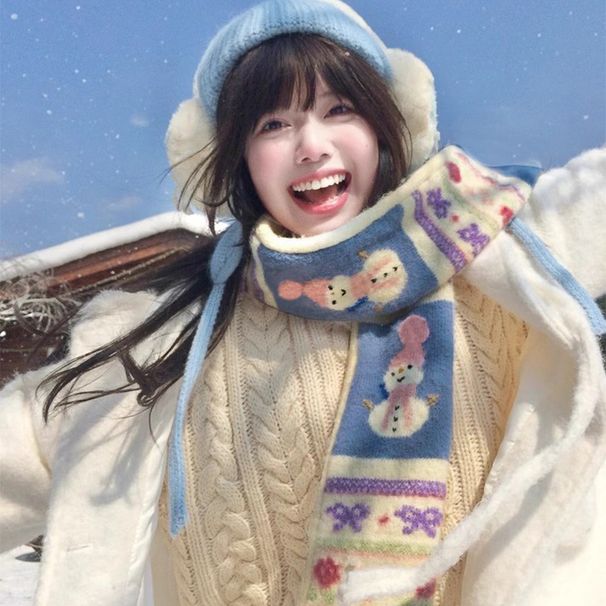Cute Jacquard Snowman Tassel 2024 Autumn/Winter New Versatile Cashmere Thickened Warm Neck Protection Scarf_viptrois.com