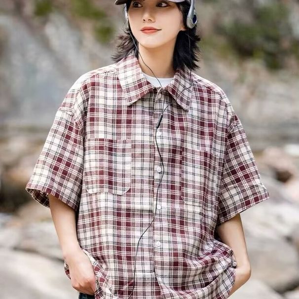 Summer Retro Checkered Short Sleeved Shirt Casual Loose Checkered Striped Lapel Contrasting Coat For Men_viptrois.com
