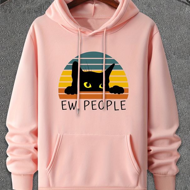 Men's Autumn And Winter Casual Fashionable Loose Hoodie With Black Cat Print Warm Long Sleeved Pullover Sweater_viptrois.com