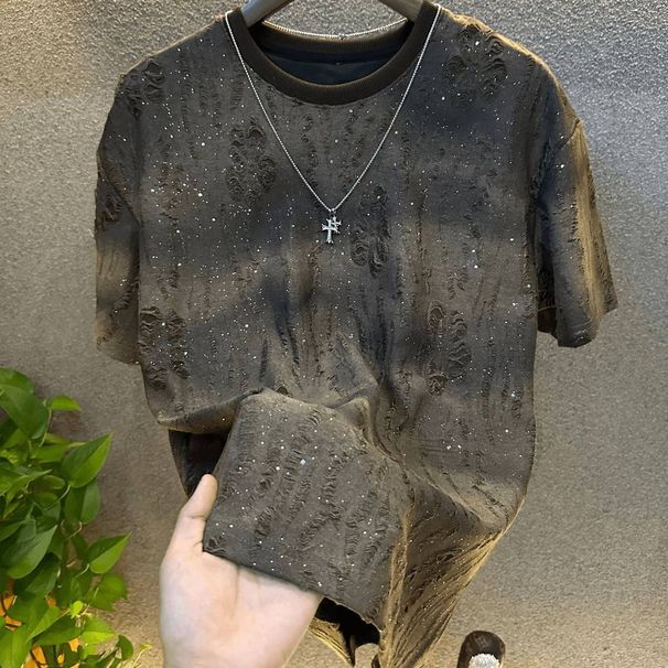 2025 Diamond-encrusted Men's Short-sleeved Top, Trendy Korean Style Gradient Perforated Starry Sky Round Neck T-shirt For Men_viptrois.com