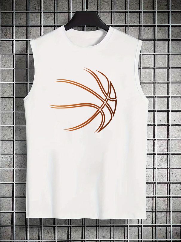 100% Pure Cotton Men's Summer Casual Sports Fitness Loose Basketball Pattern Printed Breathable Round Neck Sleeveless Vest_viptrois.com
