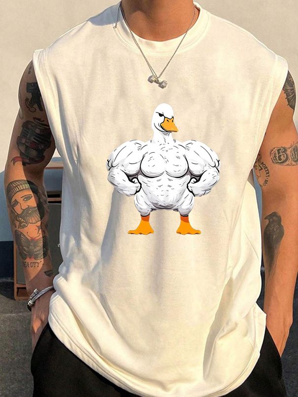 100% Pure Cotton Men's Summer Casual Sports Fitness Loose Fitness Duck Pattern Printed Breathable Round Neck Sleeveless Vest_viptrois.com