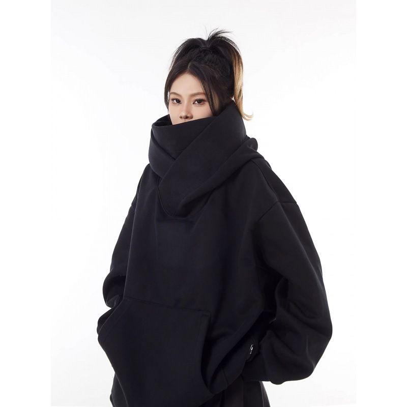Urban Streetwear Hooded Fleece Sweatshirt - High Neck Unisex Oversized Pullover With Functional Pockets, Winter Thermal Loungewear For Men & Women_viptrois.com
