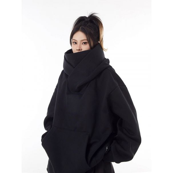 Urban Streetwear Hooded Fleece Sweatshirt - High Neck Unisex Oversized Pullover With Functional Pockets, Winter Thermal Loungewear For Men & Women_viptrois.com