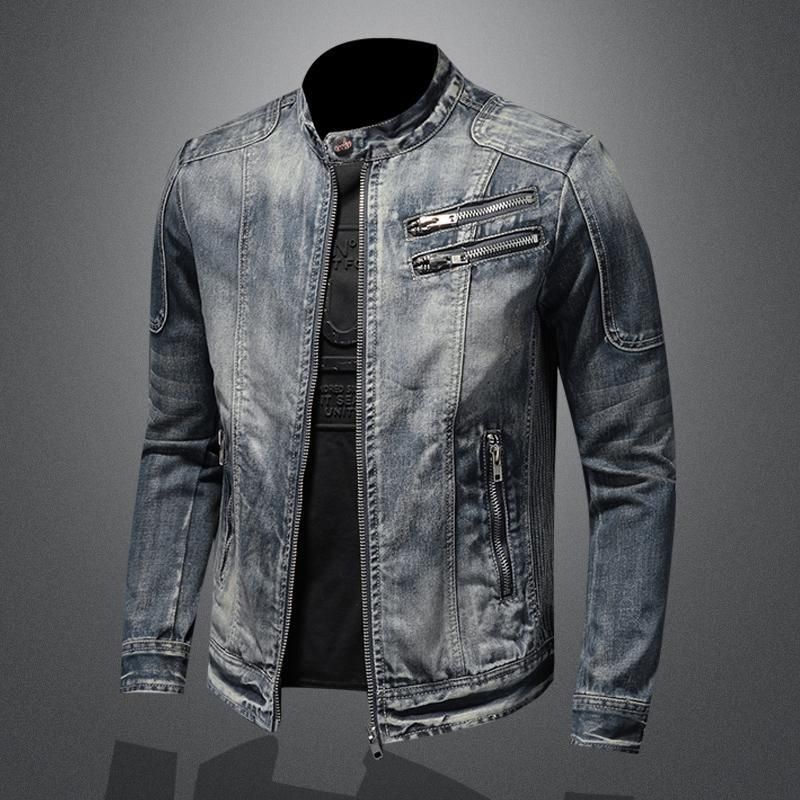 Men's Denim Jacket European And American Casual Retro Large Size Stand Collar Zipper Jacket Cycling Motorcycle Clothing Trend_viptrois.com