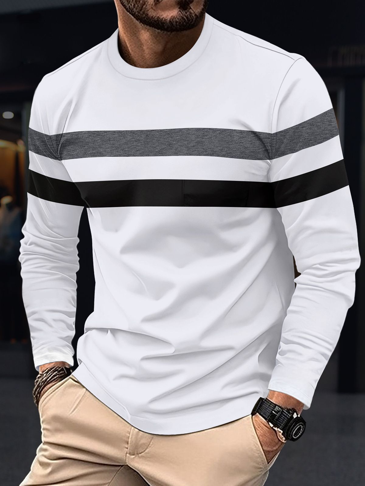 Large-sized Autumn And Winter Men's Round-neck Long-sleeved Two-tone Base Layer Shirt With A Thin Long-sleeved T-shirt Over The Head_viptrois.com