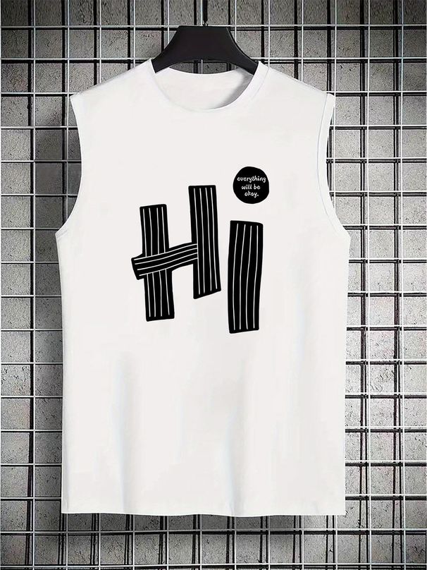 100% Pure Cotton Men's Summer Casual Sports Fitness Loose Hi Letter Pattern Printed Breathable Round Neck Sleeveless Vest_viptrois.com