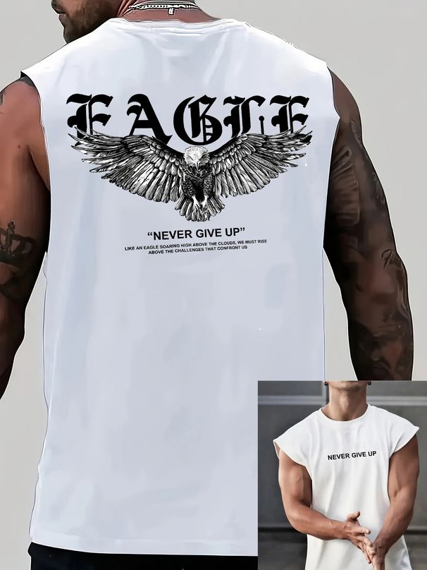 100% Pure Cotton Men's Summer Casual Sports Fitness Loose American Retro Pattern Printed Breathable Round Neck Sleeveless Vest_viptrois.com