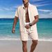 Men's Casual Versatile Lapel Button Down Color Matching Shirt Short Sleeved Shorts Suit_viptrois.com
