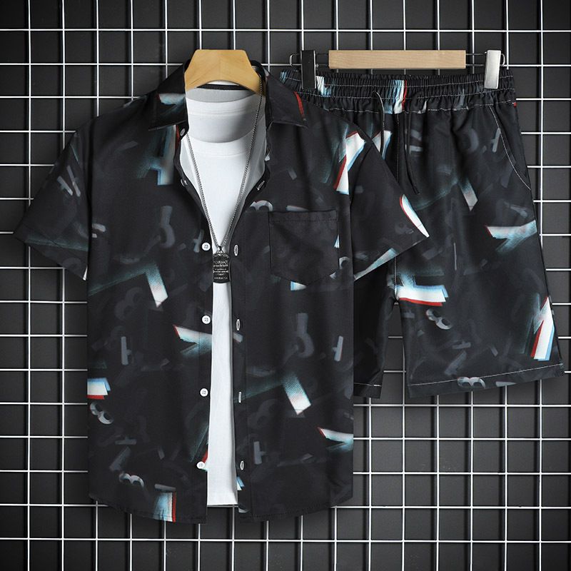Men's Clothing Retro Summer Hawaiian Five Point Sleeve Shirt Suit Men And Women Trendy Loose Beach Two Piece Suit_viptrois.com