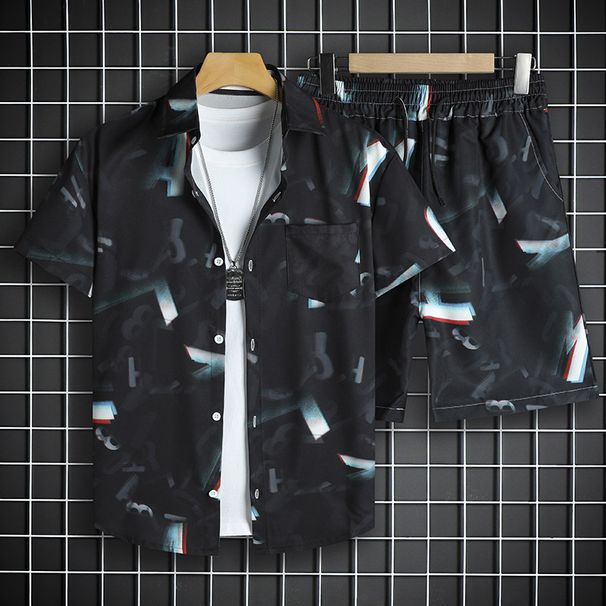 Men's Clothing Retro Summer Hawaiian Five Point Sleeve Shirt Suit Men And Women Trendy Loose Beach Two Piece Suit_viptrois.com
