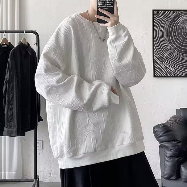 Autumn New Men's Plus Size Hoodie Round Neck Loose Letter Jacquard Youth Top Long Sleeved Base Shirt_viptrois.com