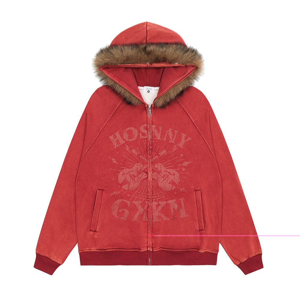 Guitar Print Cardigan With Fur Collar Men's Autumn American Street Style Loose Washed Raglan Long Sleeve Hoodie_viptrois.com