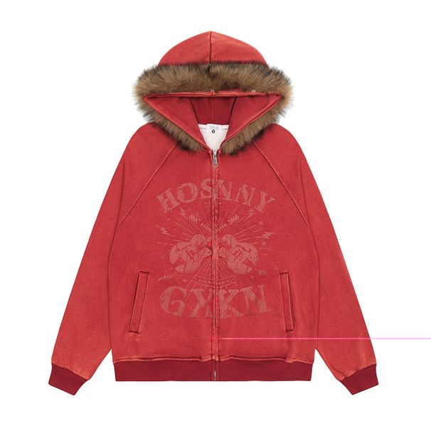 Guitar Print Cardigan With Fur Collar Men's Autumn American Street Style Loose Washed Raglan Long Sleeve Hoodie_viptrois.com