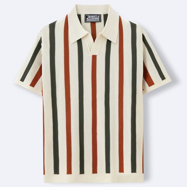 K Men's Striped Polo Shirt With Contrasting Colors, Loose Hollow Out Breathable Pullover Knit Sweater_viptrois.com