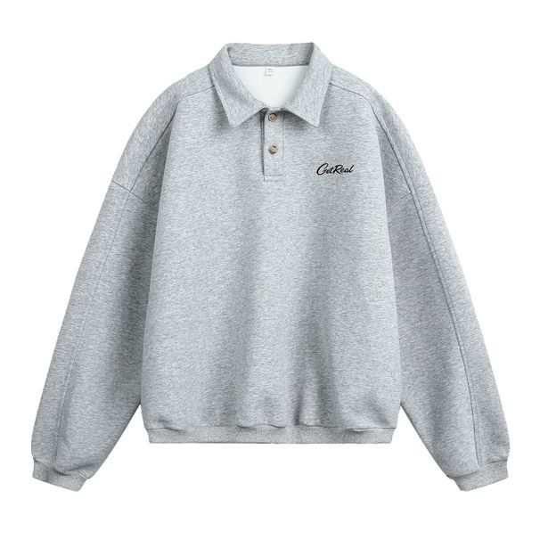 Men's Retro Oversized Polo Collar Sweatshirt - Long Sleeve Button Neck Pullover Top For Autumn (Black, Grey, White)_viptrois.com