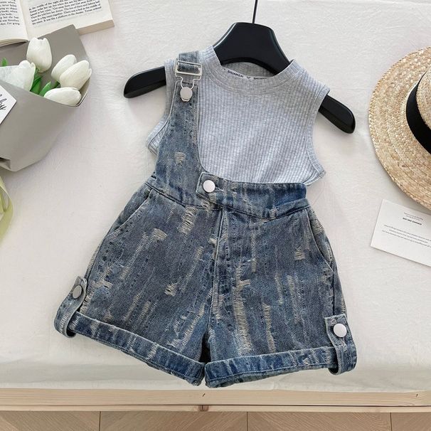 Kids’ Clothing Girls Summer New Suit Sleeveless Top Plus Printed Denim Shorts Two Piece Suit Baby Girl Fashion Suit_viptrois.com