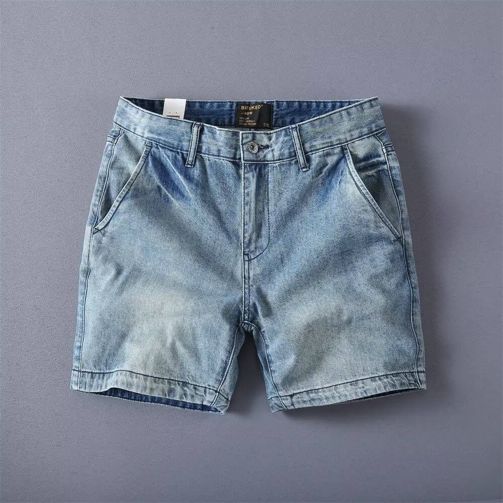 2025 Trendy Men's Denim Shorts, Washed Straight-cut, Casual, Loose-fitting, Versatile, Three-quarter Length Pants_viptrois.com