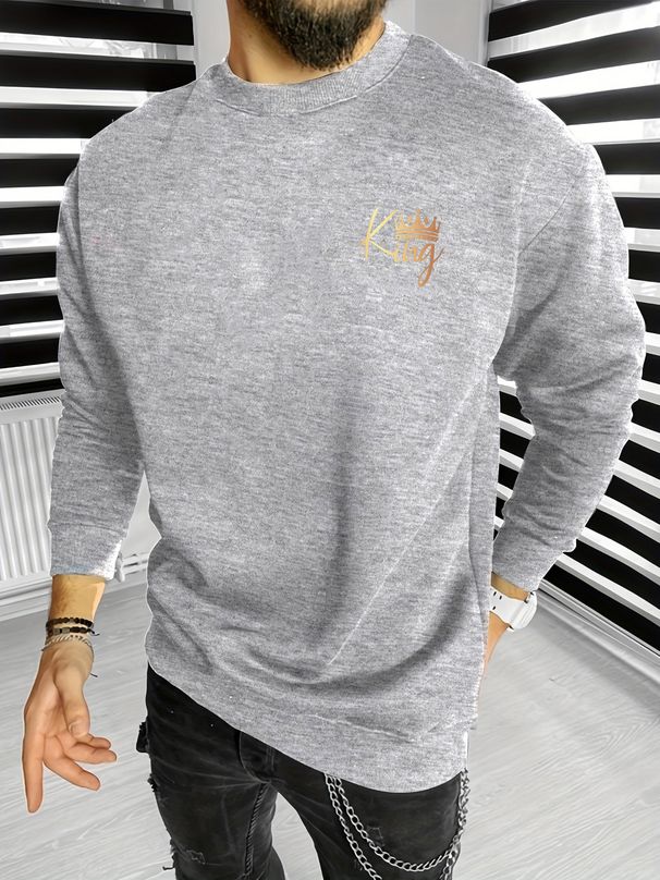 Men's Loose Casual Fashionable Classic KING Letter Pattern Printed Round Neck Long Sleeved Sweatshirt Suitable For Autumn And Winter Wear_viptrois.com