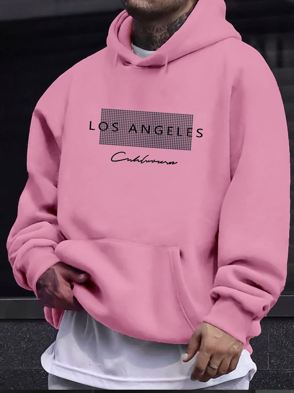 Men's Autumn And Winter Casual Fashionable Loose Hooded Sweatshirt With Los Angeles Letter Pattern Printed Warm Long Sleeved Pullover_viptrois.com