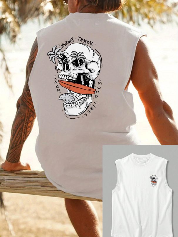 100% Pure Cotton Men's Summer Casual Sports Fitness Loose Skeleton Pattern Printed Breathable Round Neck Sleeveless Vest_viptrois.com